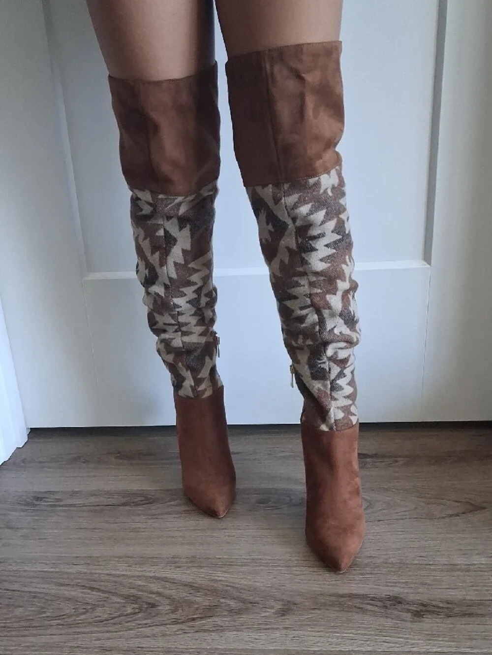 Brown Suede Over-the-Knee Patterned Shaft Women's Boots